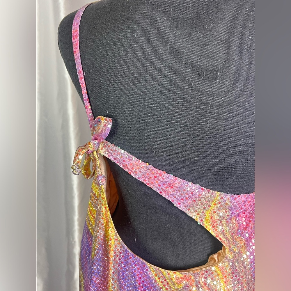 Asymmetrical Pink+Yellow Swirl One Shoulder Disco-Inspired Prom/Party Maxi Dress - Picture 5 of 8